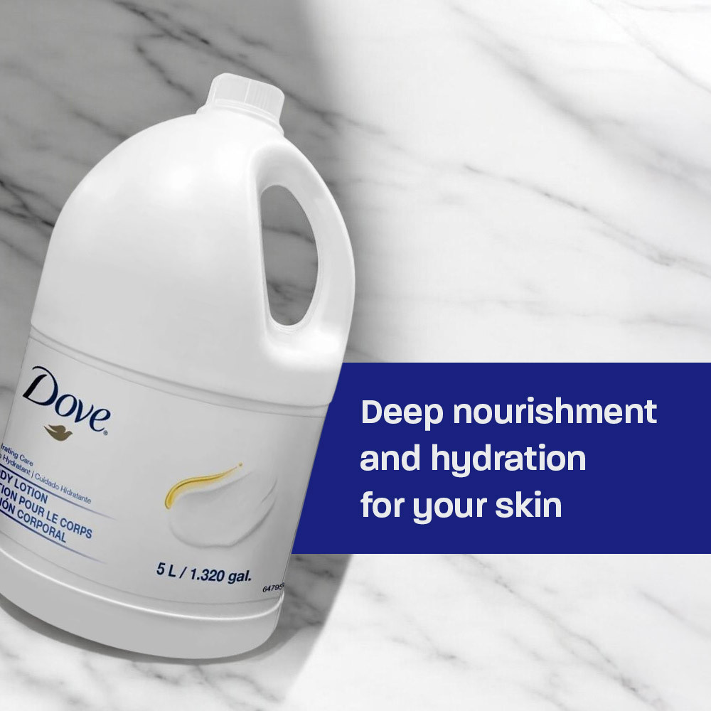 Dove Pro Hydrating Body Lotion 5L next to towels with hydration messaging