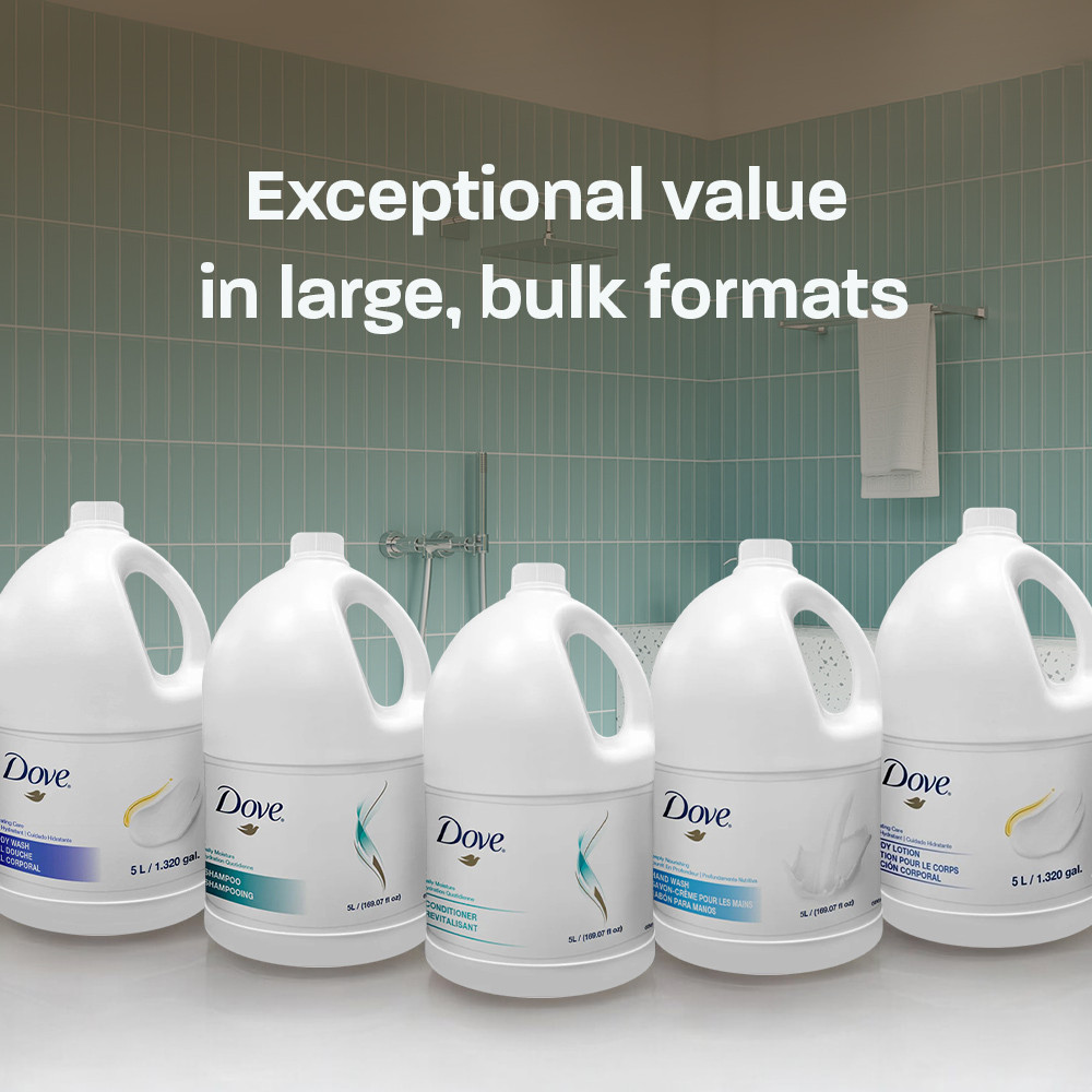 Bulk Dove Pro Hydrating Care Hand Wash bottles displayed with value messaging