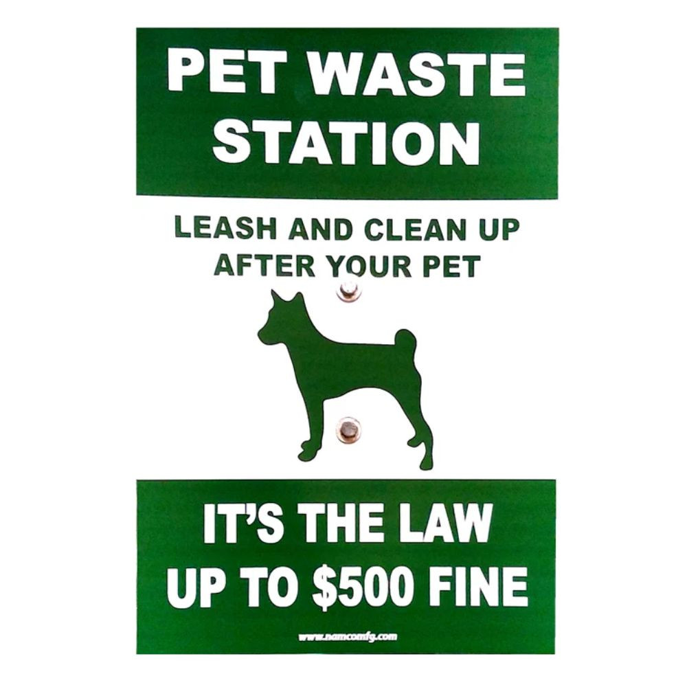 Pet Waste Station sign panel with bold lettering and mounting holes visible