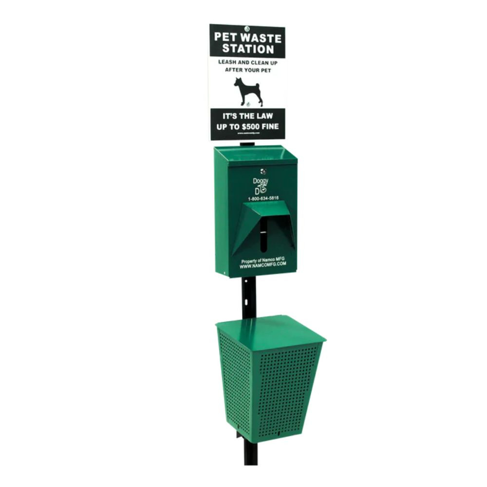 Assembled Namco Doggy Do pet waste station with pole, dispenser, basket, and sign