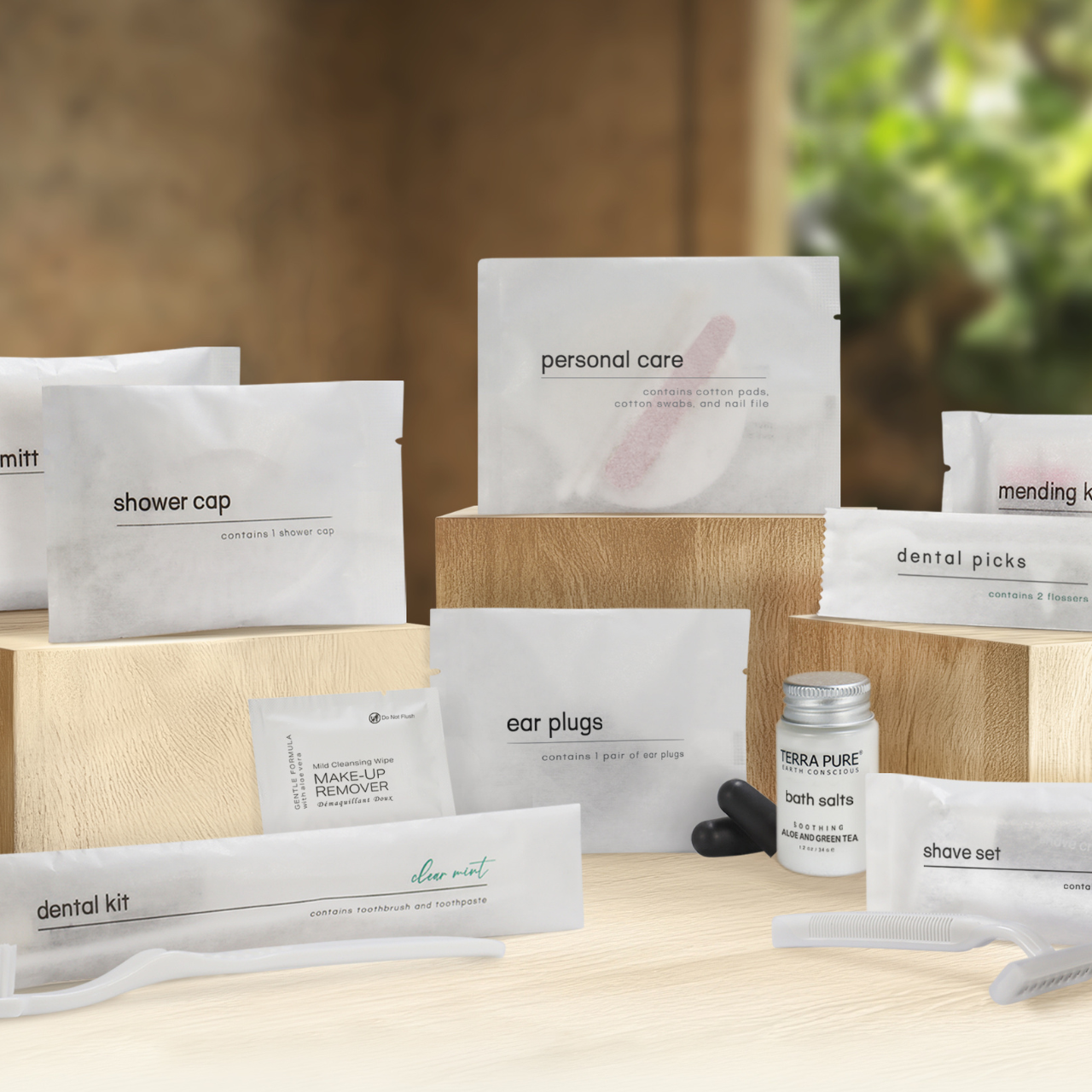 hotel toiletries with floss picks