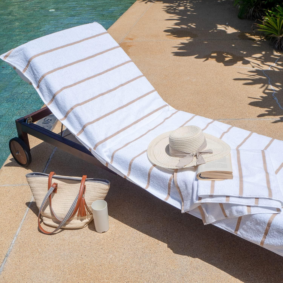 Cotton terry pool chair cover with horizontal stripe detailing