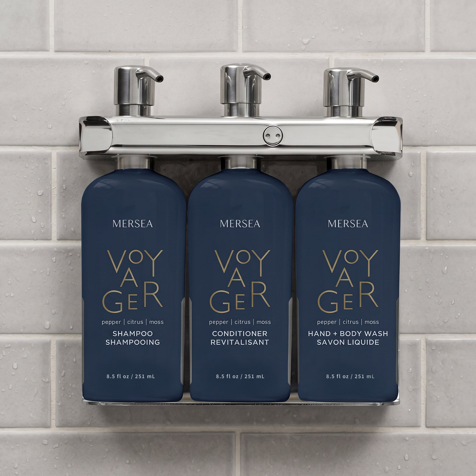 Commercial 3-chamber Mersea Voyager refillable shower dispenser