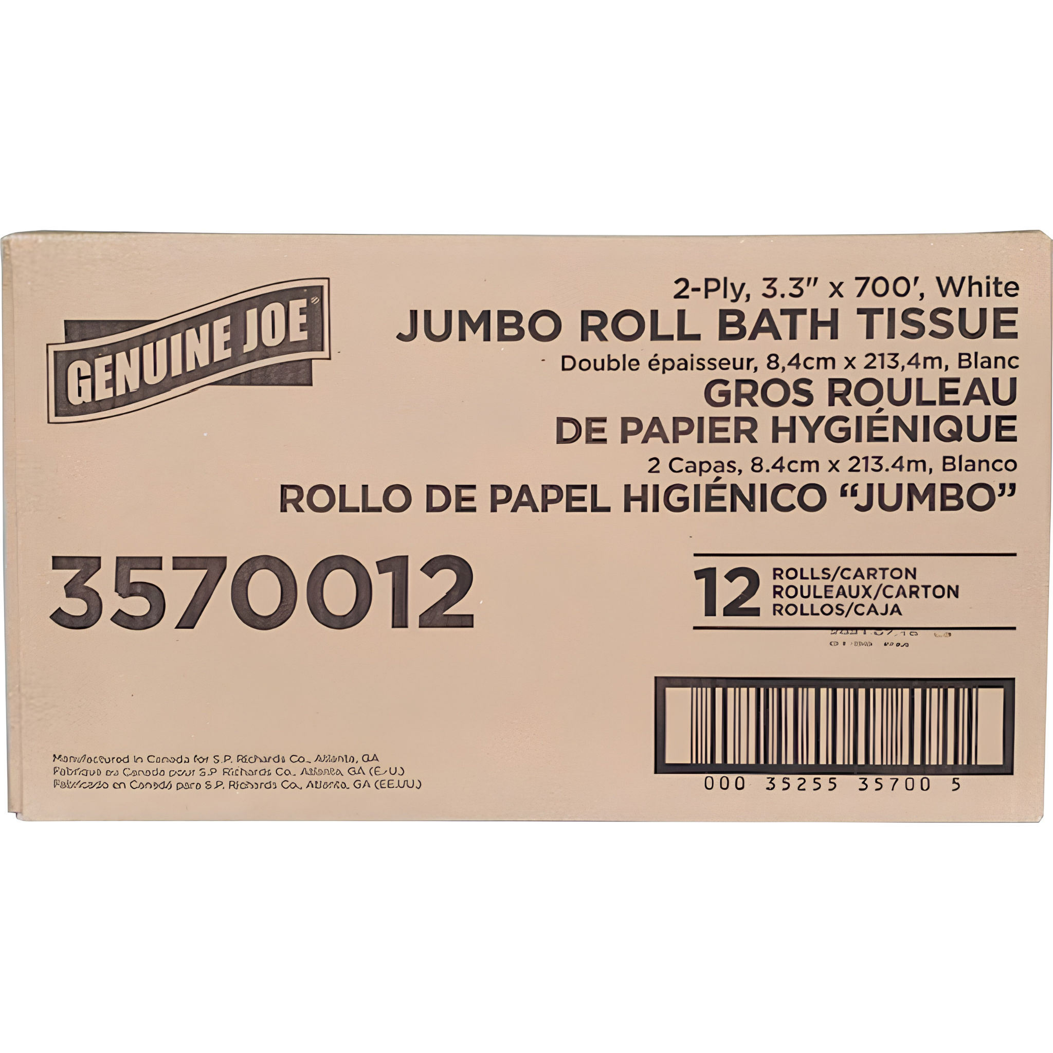 Genuine Joe Jumbo Jr bath tissue carton, 2-ply, 700 ft rolls, 12 per carton