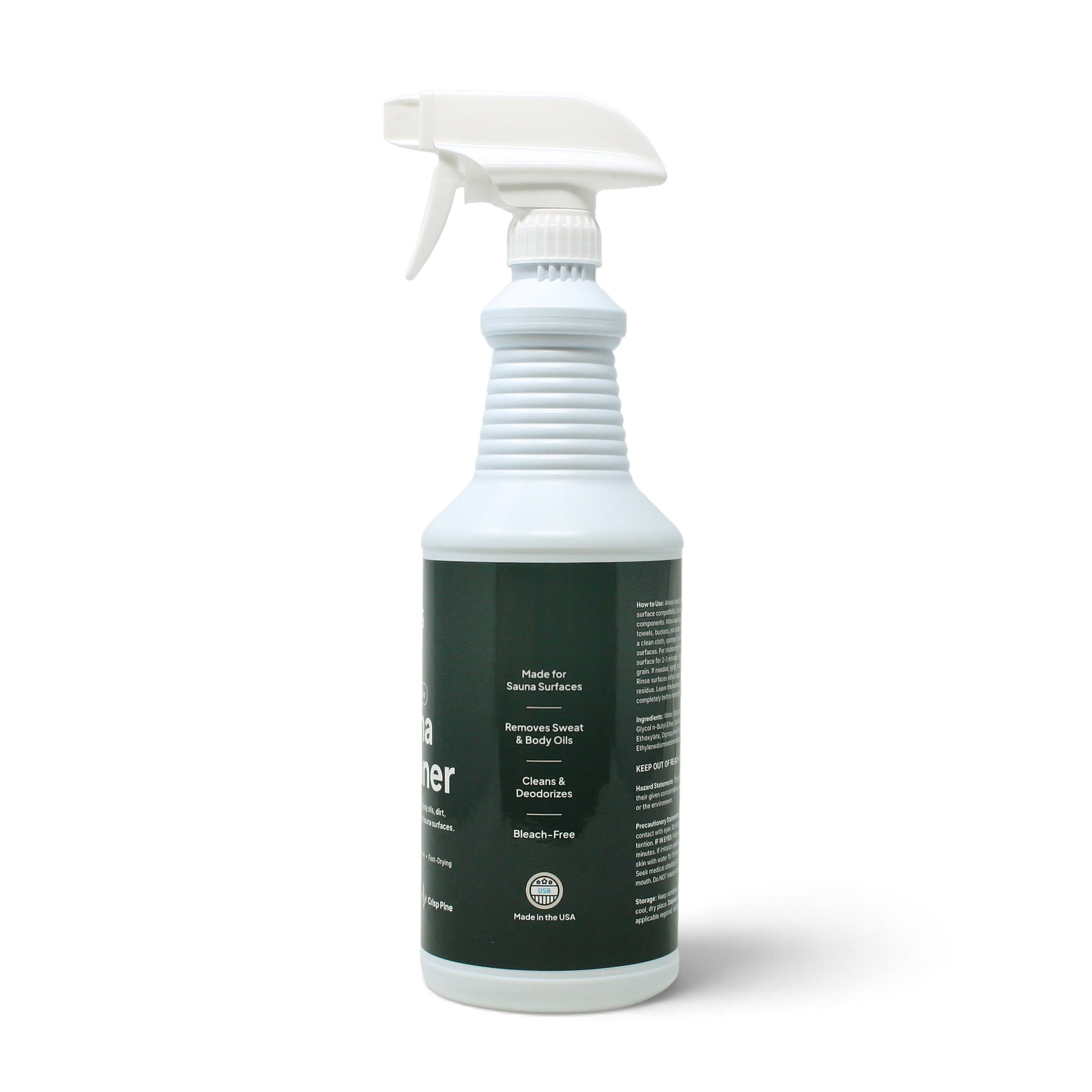 Zogics 32 oz sauna wood cleaner trigger bottle, side label view