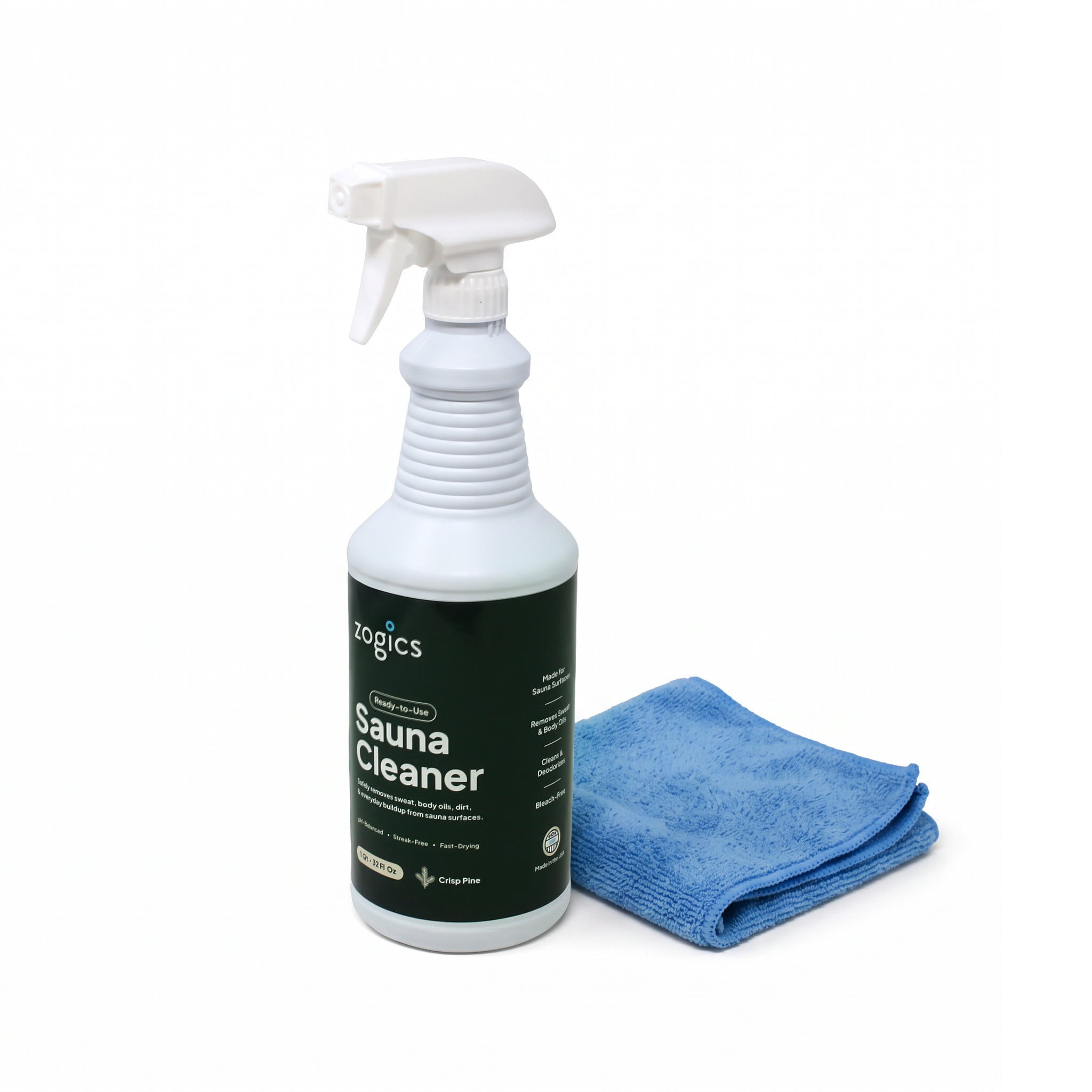 Zogics Sauna Cleaning Kit with 32 oz pine-scented cleaner and blue microfiber cloth