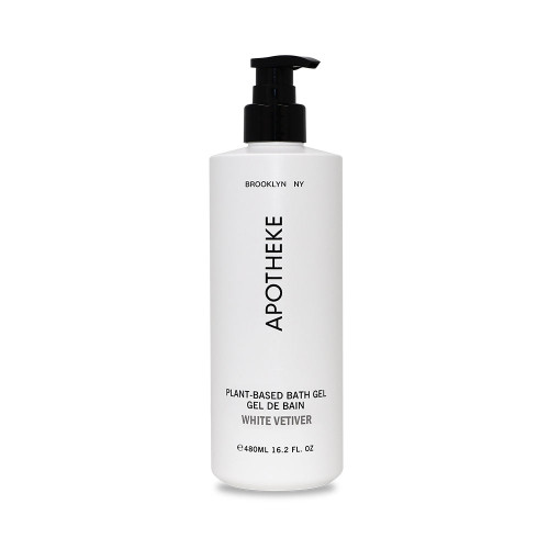 Apotheke White Vetiver Bath Gel 16 .2 oz refillable bottle with minimalist label