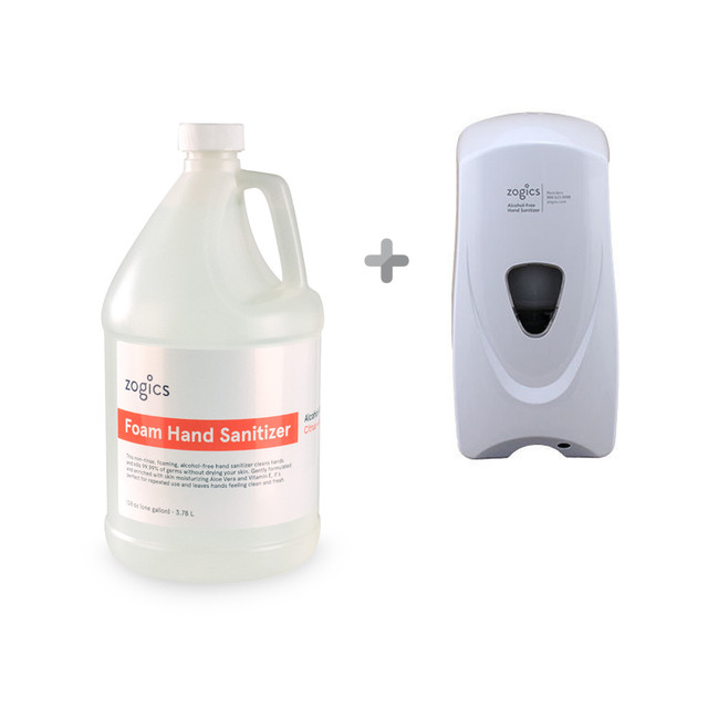 Zogics Wall Mounted Automatic Dispenser with 128 oz Alcohol-Free Foam Citrus + Aloe Hand Sanitizer, (1 Gallon)