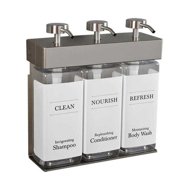 SOLera Satin Silver Rectangle 3-Chamber Refillable Dispenser with White Label
