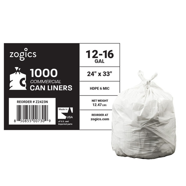 Zogics 12-16 Gallon Can Liner, 24" x 32", 6 Mic, High Density, Natural (1000/Case)
