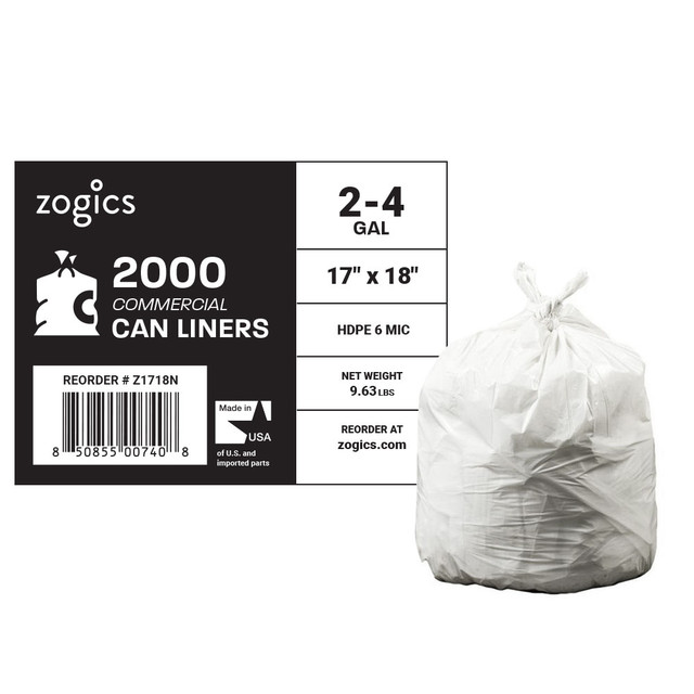Zogics 2-4 Gallon Can Liners, 17" x 18", 6 Mic, High Density, Natural (2000/Case)