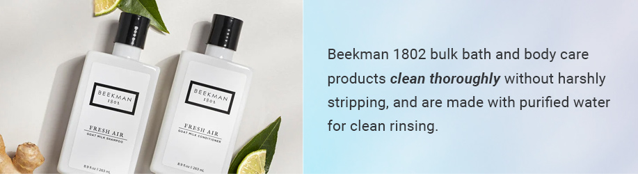 Beekman 1802 bulk bath and body care products clean thoroughly without harshly stripping, and are made with purified water for clean rinsing.