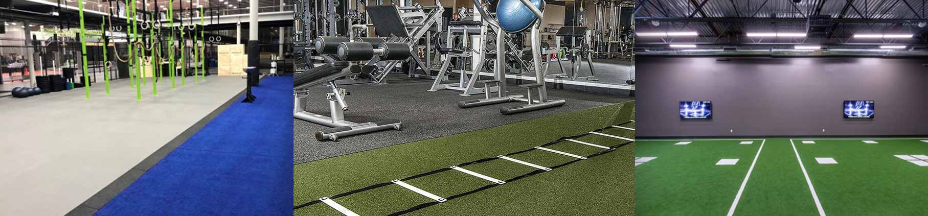 Zogics gym turf flooring inside a gym and surrounded by weights.