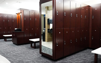 Zogics Club Wood Lockers with grooming station and benches