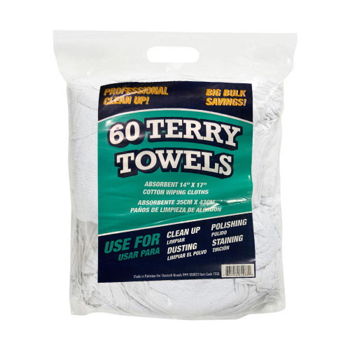 Bulk 60 Pack of Terry Towels - All Purpose Cleaning Grade Rags - 14 x 17  White