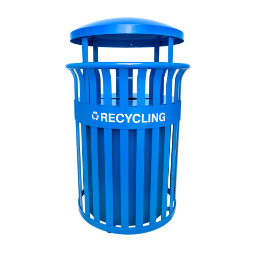 Streetscape 36 Gallon Blue Steel Round Outdoor Recycling Bin | Ex-Cell