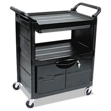 Utility Cart With Locking Doors, Two-Shelf, Black | Rubbermaid