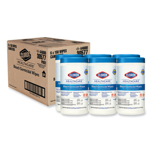Germicidal Bleach Wipes, 6 x 5, Unscented, 150/Canister, 6 /Case