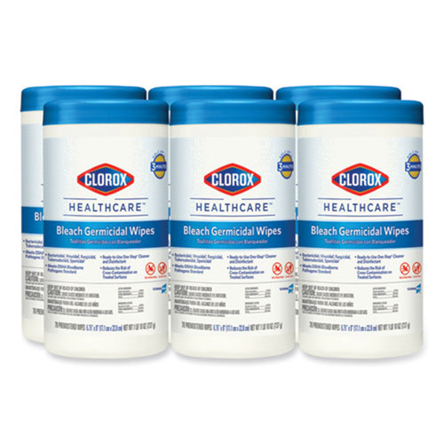 Germicidal Bleach Wipes, 6.75 x 9, Unscented, 70/Canister, 6/Case