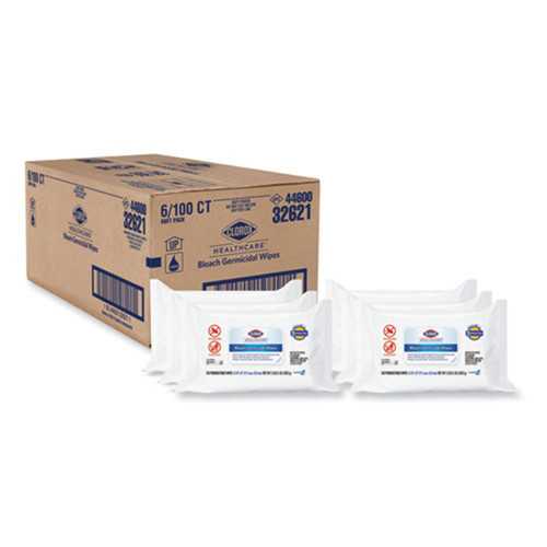 Germicidal Bleach Wipes, 6.75 x 9, Unscented, 100 Wipes/Flat Pack, 6/Case