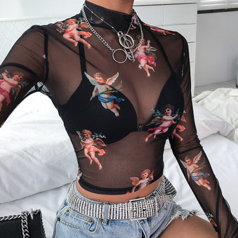 Sexy Women T Shirt See Through Transparent Tops