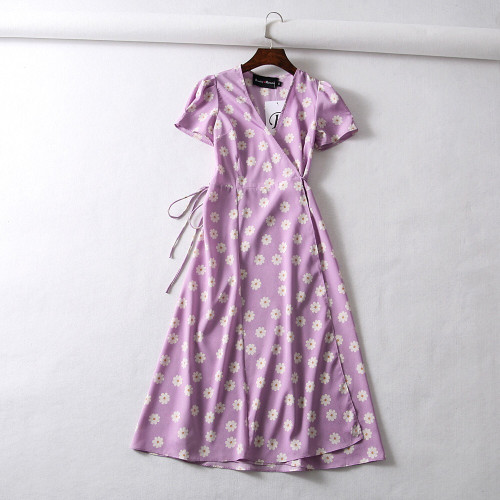 Summer flower dot print wrap dress