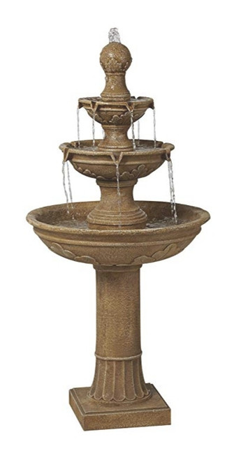 48" high x 23" wide. Holds 7 gallons of water. Weighs 30 lbs.
Three tier design, traditional fountain style. From the John Timberland brand.
Position in a garden or yeard area. Large fountain design can also be used indoors or in courtyards.
Sandstone faux stone finish. Lightweight fiberglass construction.
Comes with a water pump and 6-foot long cord. Ships in multiple pieces, light assembly required.