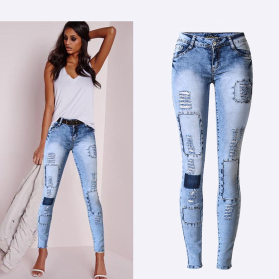 Summer Style Low Waist Sky Blue Patchwork Skinny