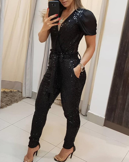 KJ Sequins Belted Slinky Pencil Pant Jumpsuit