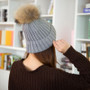 Rabbit Fur Pom Knit Skull Hat Gray Beautiful