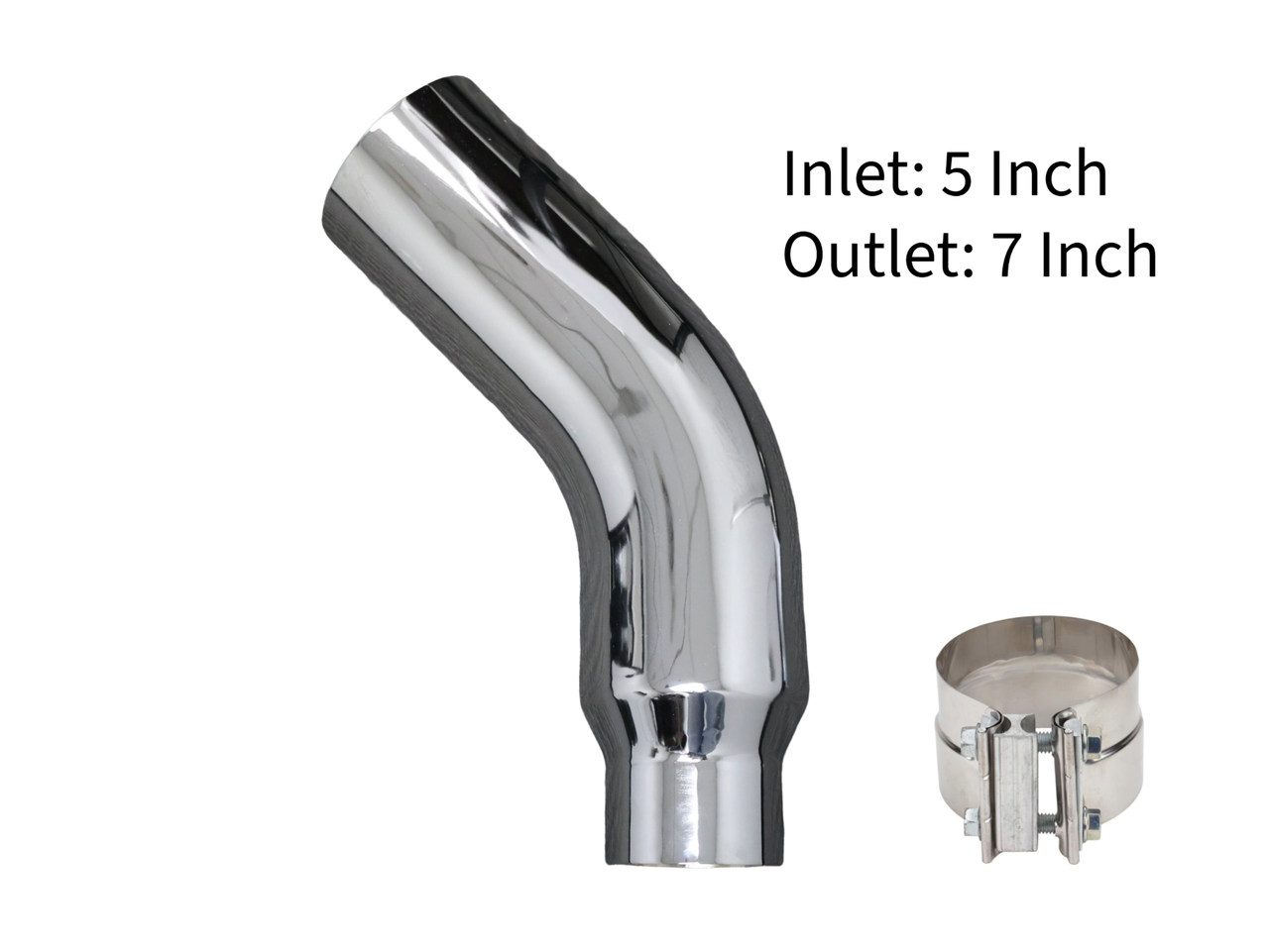 5" In 7" Out Diesel Exhaust Chrome Turndown Elbow Tip 23" Long with SS Clamp