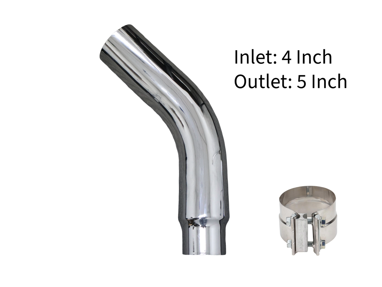 4" In 5" Out Diesel Exhaust Chrome Turndown Elbow Tip 23" Long with SS Clamp