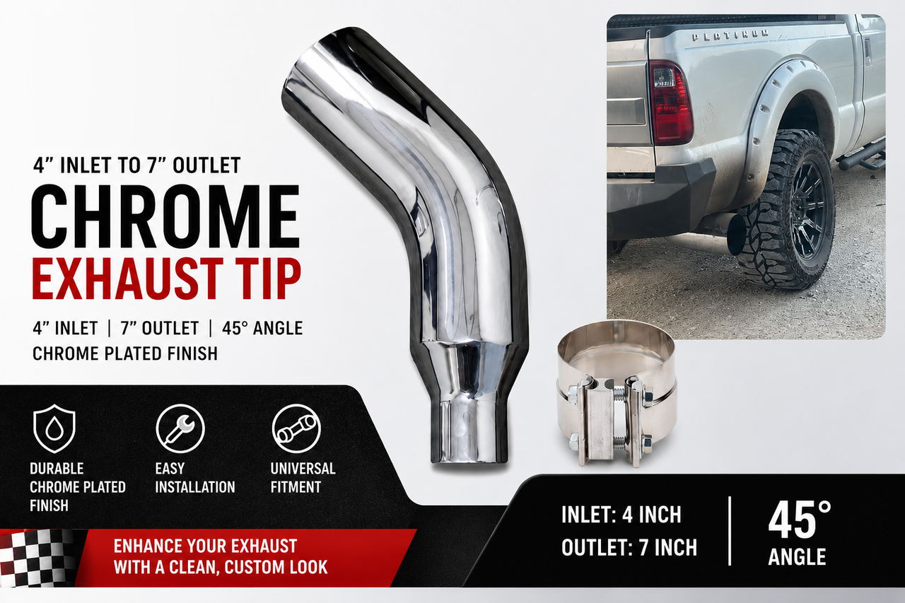 4" In 7" Out Diesel Exhaust Chrome Turndown Elbow Tip 23" Long with SS Clamp