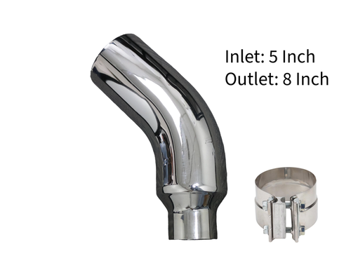 5" In 8" Out Diesel Exhaust Chrome Turndown Elbow Tip 23" Long with SS Clamp