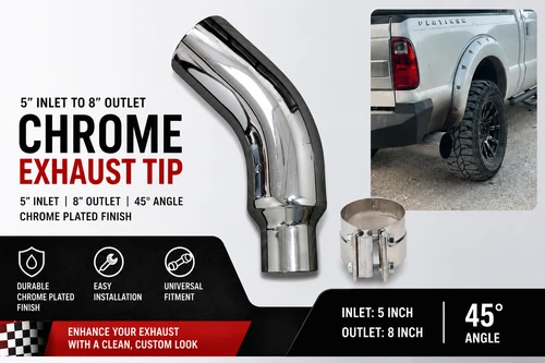 5" In 8" Out Diesel Exhaust Chrome Turndown Elbow Tip 23" Long with SS Clamp
