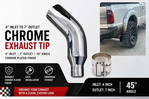 4" In 7" Out Diesel Exhaust Chrome Turndown Elbow Tip 23" Long with SS Clamp