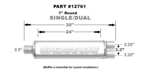 MagnaFlow 7" Round Performance Muffler 12761 - 2.5"-2.25" Center/Dual - 27" Body