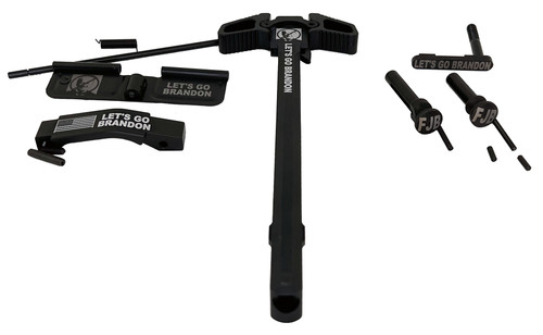 Let's Go Brandon  Black Alpha Tactical AR15 Engraved Bundle Ambidextrous Charging Handle, Ejection Port Cover, Magazine Catch, Trigger Guard, Takedown Pins Let's Go Brandon  Black Alpha Tactical AR15 Engraved Bundle Ambidextrous Charging Handle, Ejection Port Cover, Magazine Catch, Trigger Guard, Takedown Pins