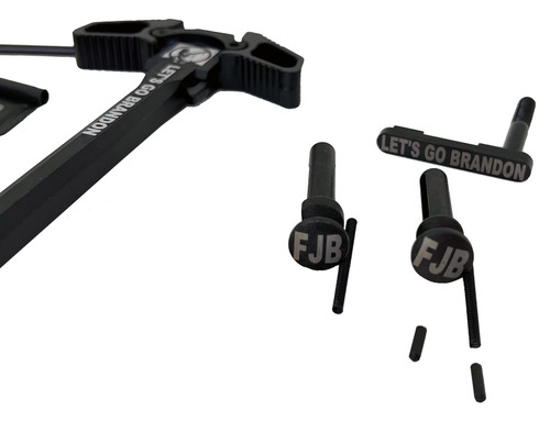 Let's Go Brandon  Black Alpha Tactical AR15 Engraved Bundle Ambidextrous Charging Handle, Ejection Port Cover, Magazine Catch, Trigger Guard, Takedown Pins Let's Go Brandon  Black Alpha Tactical AR15 Engraved Bundle Ambidextrous Charging Handle, Ejection Port Cover, Magazine Catch, Trigger Guard, Takedown Pins