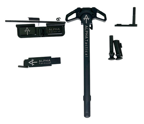 Alpha Tactical AR15 Engraved Bundle Ambidextrous Charging Handle, Ejection Port Cover, Magazine Catch, Trigger Guard, Takedown Pins Alpha Tactical AR15 Engraved Bundle Ambidextrous Charging Handle, Ejection Port Cover, Magazine Catch, Trigger Guard, Takedown Pins