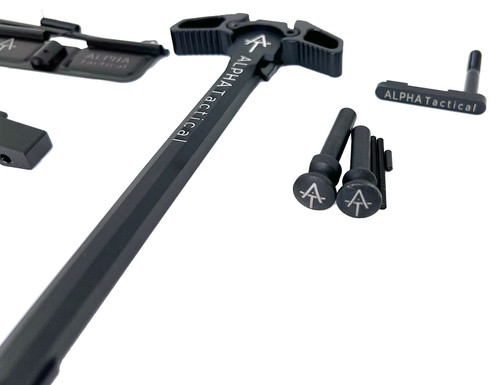 Alpha Tactical AR15 Engraved Bundle Ambidextrous Charging Handle, Ejection Port Cover, Magazine Catch, Trigger Guard, Takedown Pins Alpha Tactical AR15 Engraved Bundle Ambidextrous Charging Handle, Ejection Port Cover, Magazine Catch, Trigger Guard, Takedown Pins