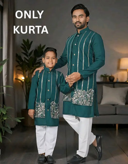 Father and son matching embroidered silk kurta set, traditional ethnic wear for weddings and festivals