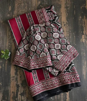 Ajrakh Satin Silk Designer Saree with Blouse