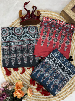 Ajrakh digital print crepe silk saree with mirror work