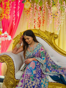 Soft chinnon saree with gold zari and real mirror work for festive wear
