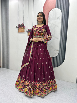 Chinon lehenga choli with embroidery coding thread work festive wear set