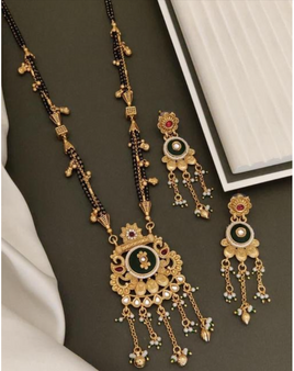 antique mangalsutra set with black beads and earrings for women traditional Indian jewelry