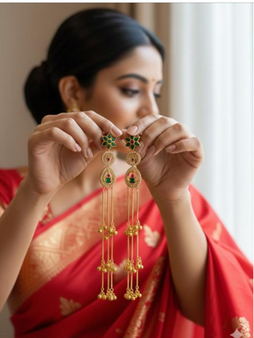 Kashmiri jhumka earrings gold plated with ghunghroo chain and pearls