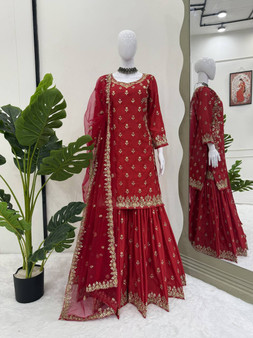 Chinon silk sharara set with sequin embroidery and net dupatta for Eid wear