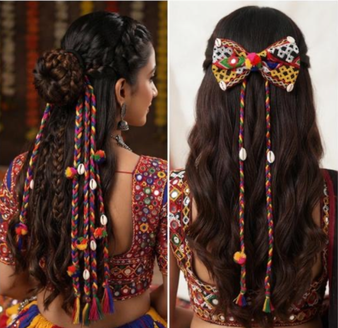 Boho-Ethnic Mirror Work & Cowrie Shell Hair Bow Clips - Navratri Edition